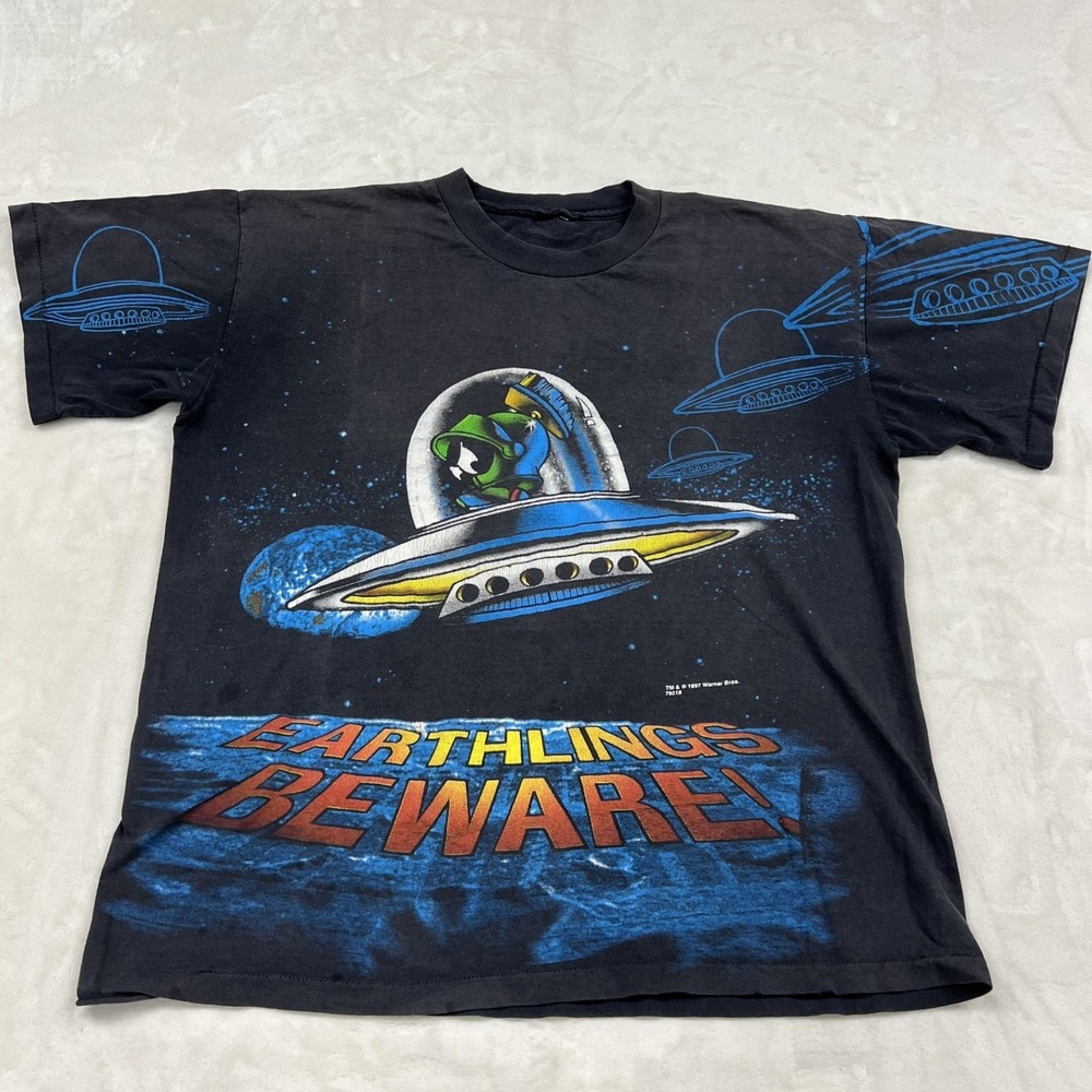 Warner Bros T Shirt Mens L Black Marvin the Martian Earthlings Beware 1997 UFO